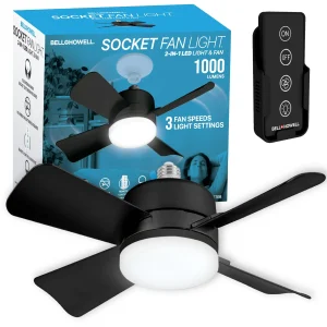 Bell+Howell Socket Breeze Socket Fan Light with Remote, Portable Small Ceiling Fans with Lights for Bedroom, Kitchen, Living Room, Ceiling Fan with Light 3500K, 1000 Lumens