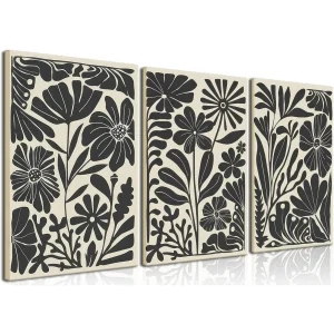 Black Beige Abstract Floral Botanical Canvas Framed Wall Art Prints Minimalist Modern Boho Flower Market Painting Poster Pictures Wall Decor for Bedroom Livingroom 12"x16"x3