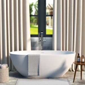 Cpingao 55" Freestanding Bathtub, Oval Shaped Stone Resin Freestanding Tubs, Solid Surface Matte White Soaking Tub with Overflow and Pop-up Drain