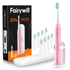 Fairywill D7s Electric Toothbrush,Sonic Toothbrush for Adults,8pcs Dupont Brush Heads with Travel Covers and Electric Toothbrush Holder,Pink