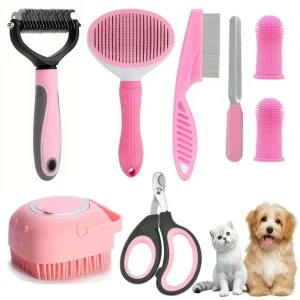 Hoolife Pet Grooming Brush Kit, 8 Pcs for Shedding & Matted Fur, with Flea Comb and Dog Bath Brush, Cat Dog Brush Grooming Kits, Pink