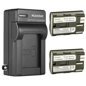 Kastar 2 Pack BP-511 BP-511A Battery and AC Wall Charger Compatible with Canon EOS 5D EOS 10D EOS 20D EOS 20Da EOS 30D EOS 40D EOS 50D EOS 300D EOS D30 EOS D60 EOS Kiss EOS Kiss Digital Cameras
